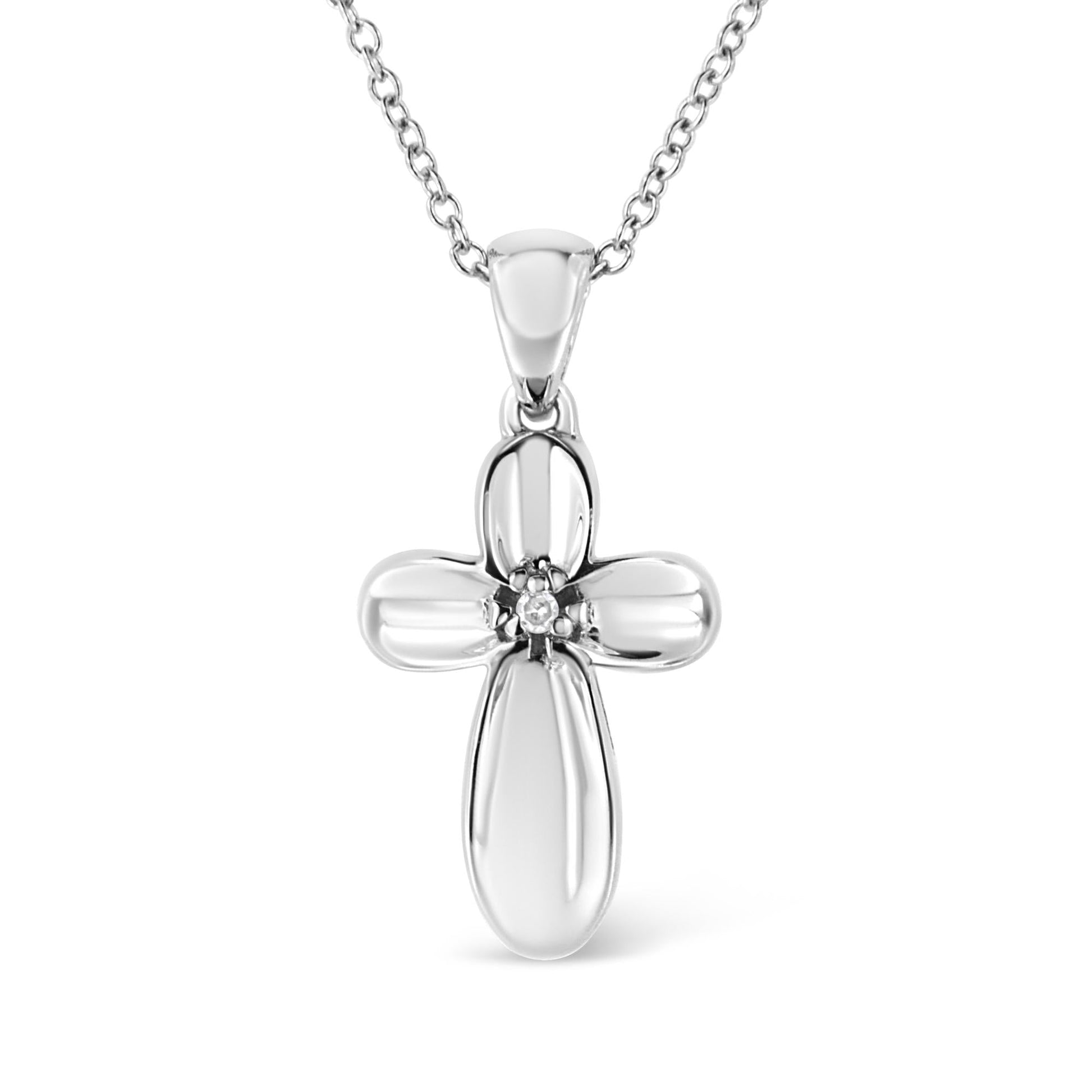 .925 Sterling Silver Prong-Set Diamond Accent Floral Cross 18’’ Pendant