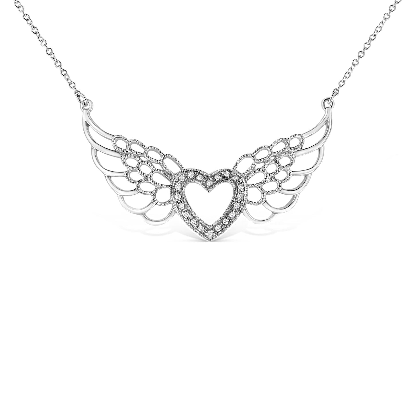 .925 Sterling Silver Pave-Set Diamond Accent Fairy Wing 18’’ Heart Pendant