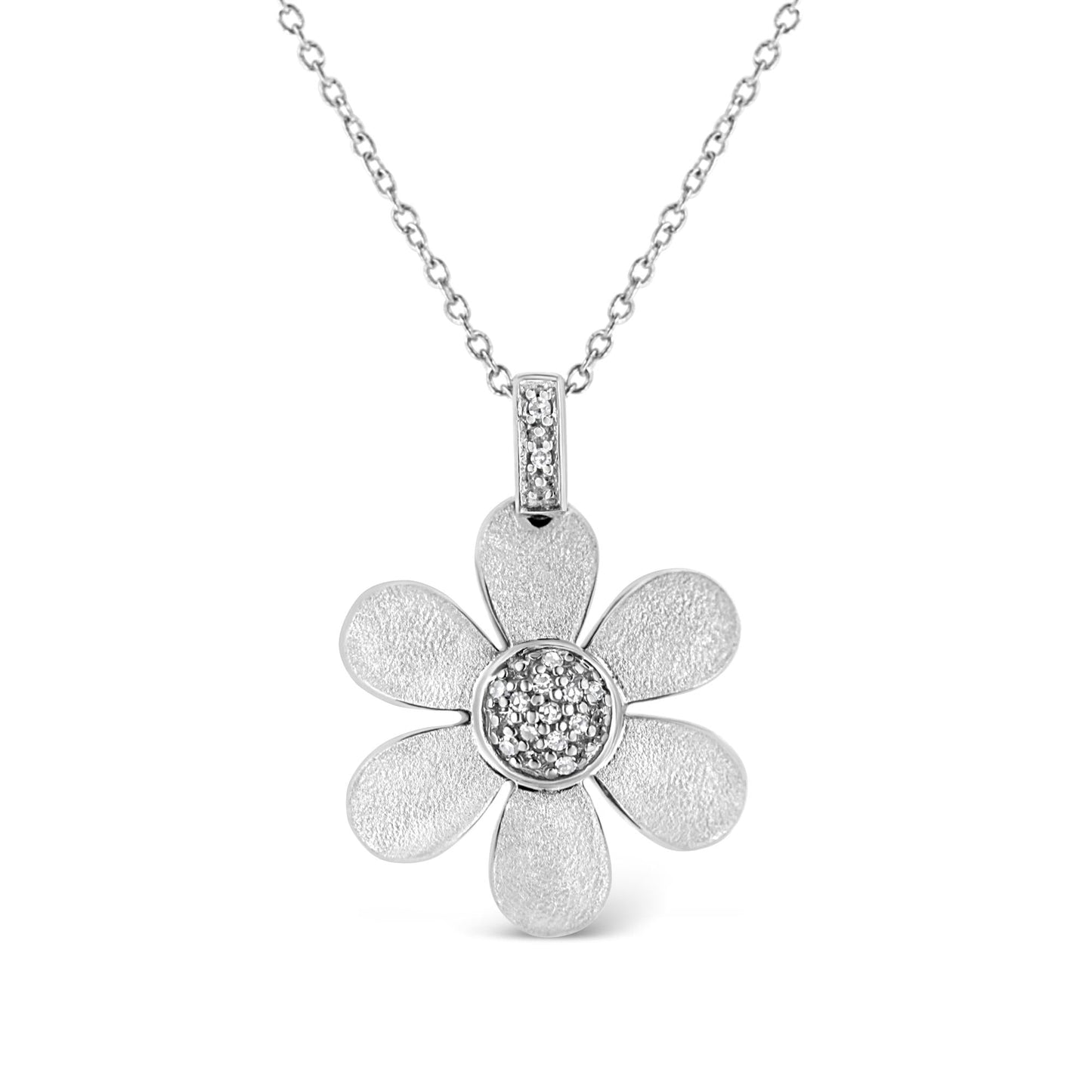 .925 Sterling Silver Pave-Set Diamond Accent Flower 18’’ Pendant Necklace