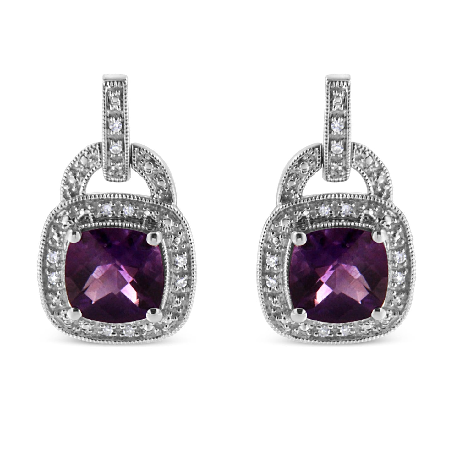 .925 Sterling Silver 8MM Natural Cushion Shaped Amethyst and Diamond Accent