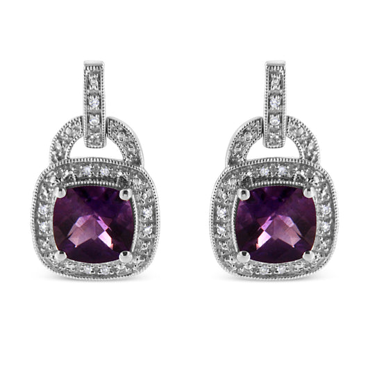 .925 Sterling Silver 8MM Natural Cushion Shaped Amethyst and Diamond Accent