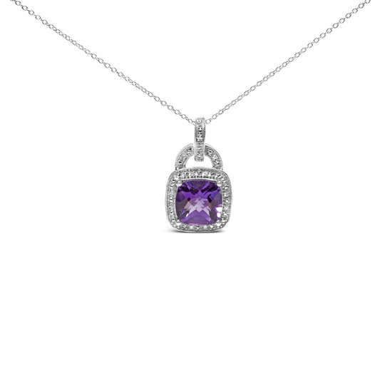 .925 Sterling Silver 10X10 MM Cushion Purple Amethyst and Diamond Accent Halo