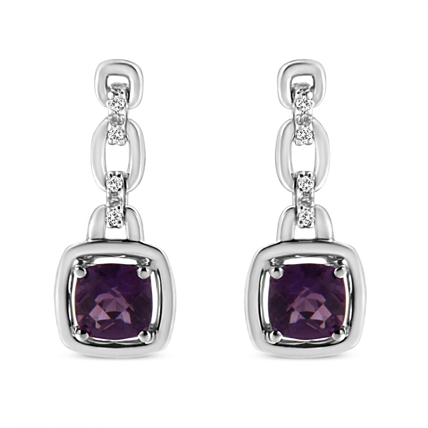 .925 Sterling Silver 6x6MM Cushion Shaped Natural Purple Amethyst and Diamond