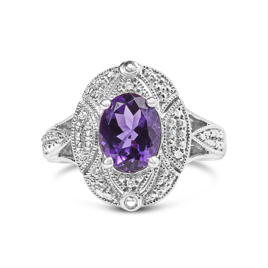 .925 Sterling Silver 9x7mm Oval Purple Amethyst and Round Diamond Accent