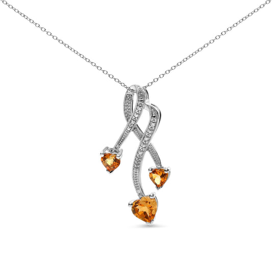 .925 Sterling Silver 3-Stone Heart Shape Citrine and Diamond Accent Spiral Drop