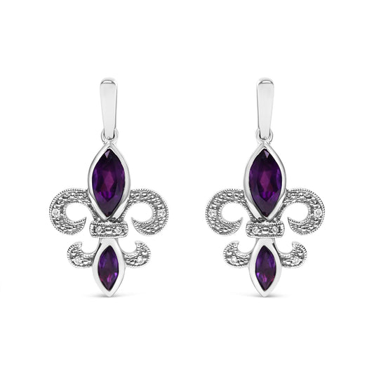 .925 Sterling Silver Marquise Cut Amethyst and Diamond Accent Fleur De Lis