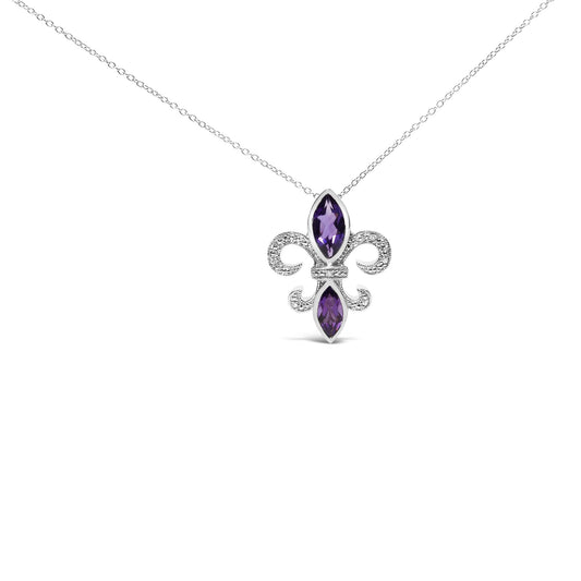 .925 Sterling Silver Purple Amethyst Marquise and Diamond Accent Fleur De Lis