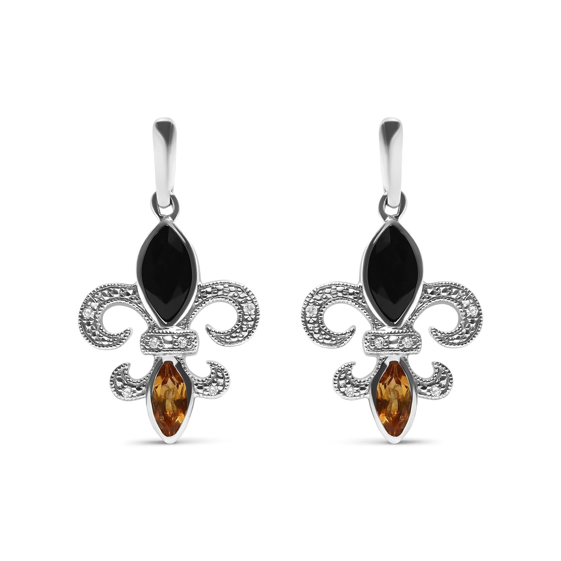 .925 Sterling Silver Marquise Cut Onyx and Citrine with Diamond Accent Fleur De