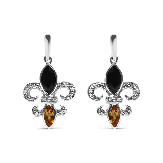 .925 Sterling Silver Marquise Cut Onyx and Citrine with Diamond Accent Fleur De