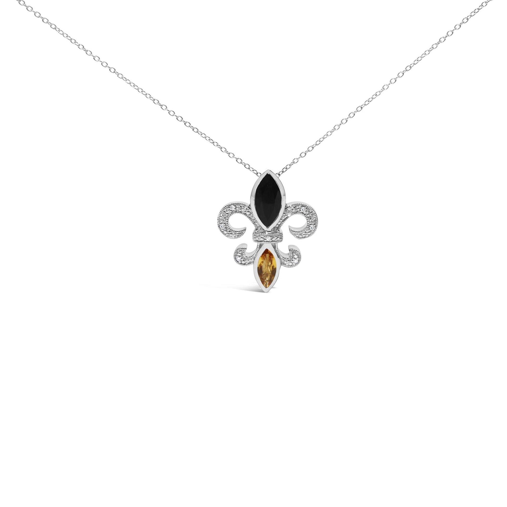 .925 Sterling Silver Marquise Onyx and Citrine and Diamond Accent Fleur De Lis