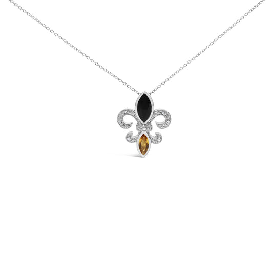 .925 Sterling Silver Marquise Onyx and Citrine and Diamond Accent Fleur De Lis