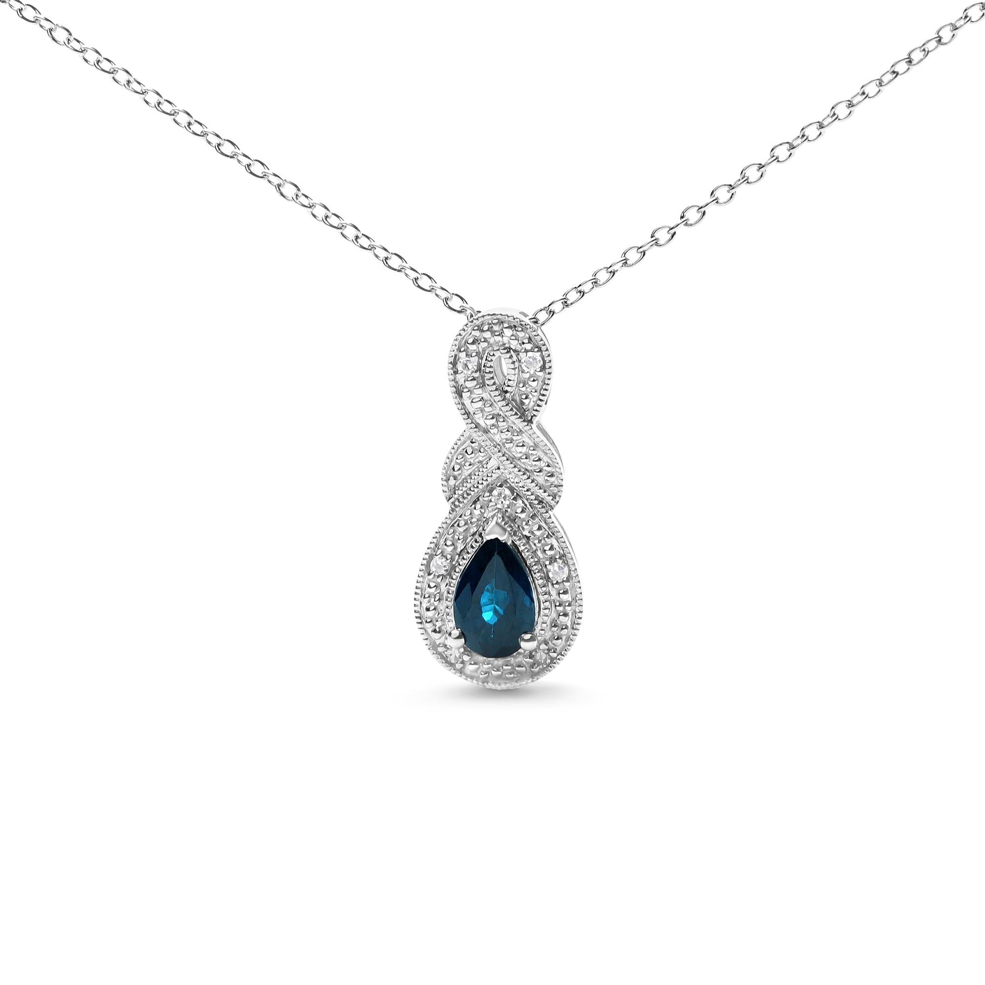 .925 Sterling Silver 6x4mm Pear Sapphire and Diamond Accent Infinity Drop