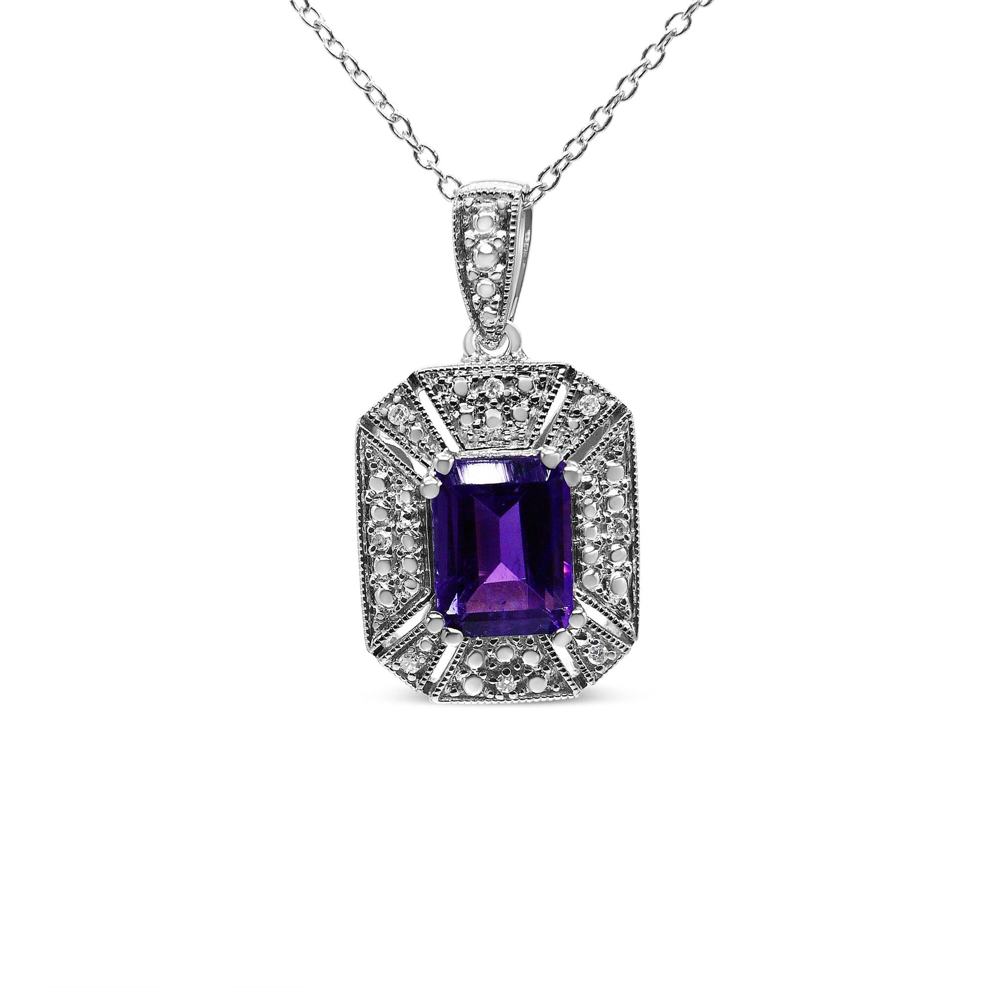 .925 Sterling Silver Purple Amethyst and Diamond Accent Art Deco Style 18’’