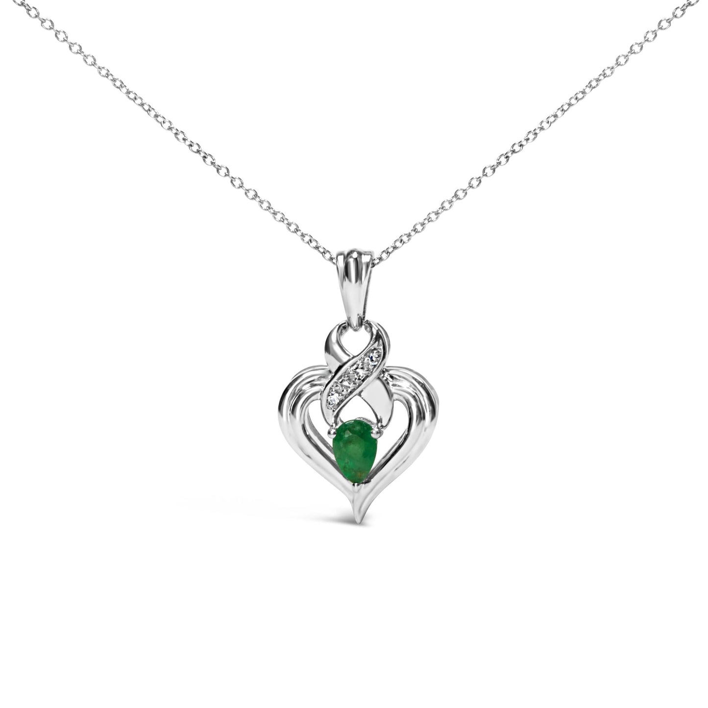 .925 Sterling Silver 6x4mm Pear Emerald and Diamond Accent Heart Pendant