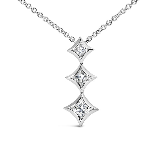 10K Gold 1/5 Cttw Princess Cut Diamond 3 Stone Drop 18’’ Pendant Necklace