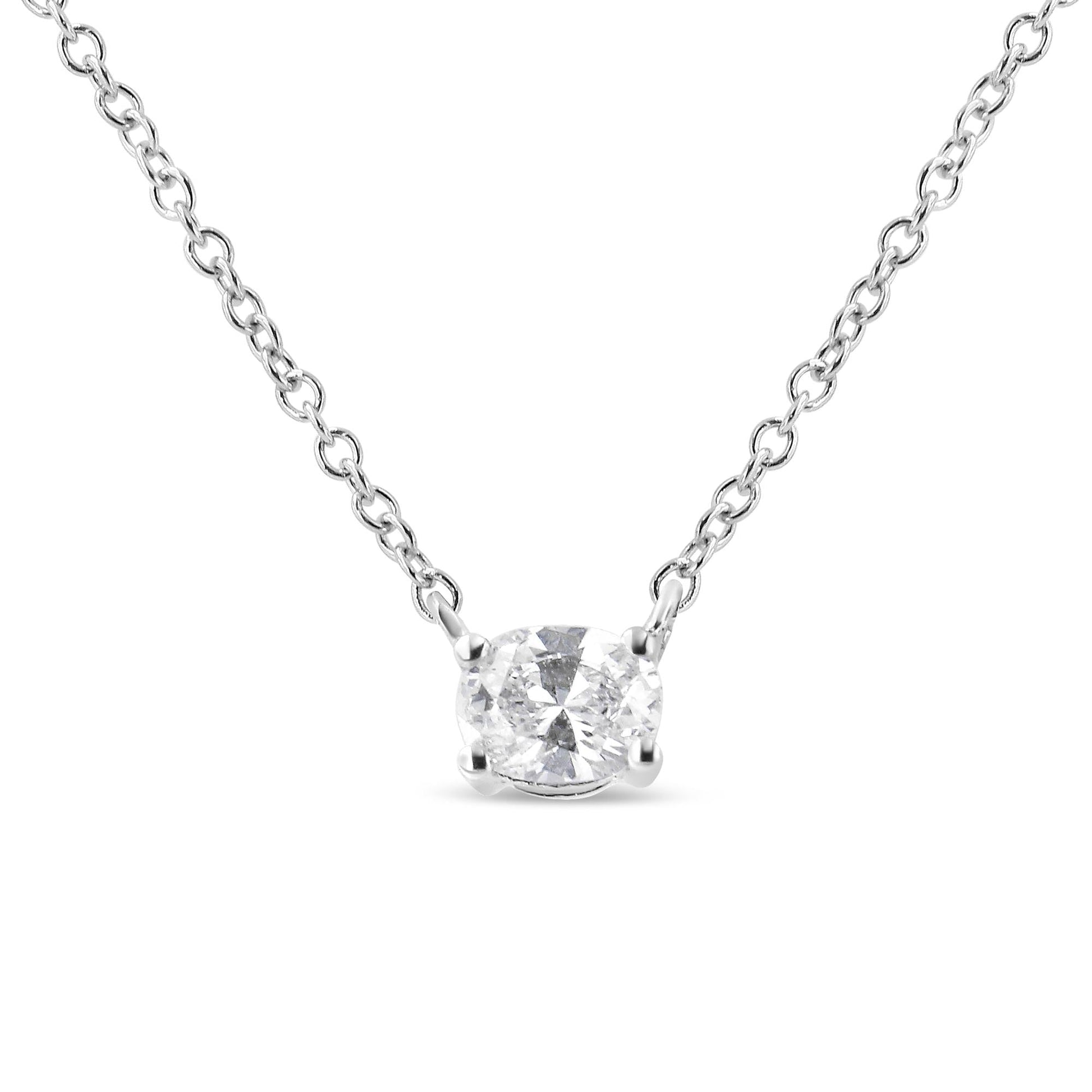 14K White Gold 1/5 Cttw Oval Shape Solitaire Diamond East West 18’’ Pendant