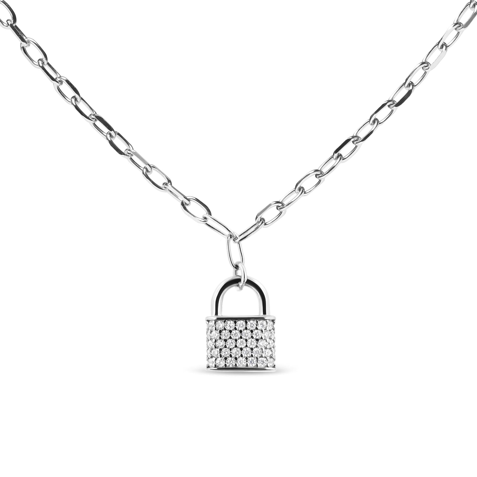 .925 Sterling Silver 1/4 Cttw Diamond Lock Pendant Necklace with Paperclip