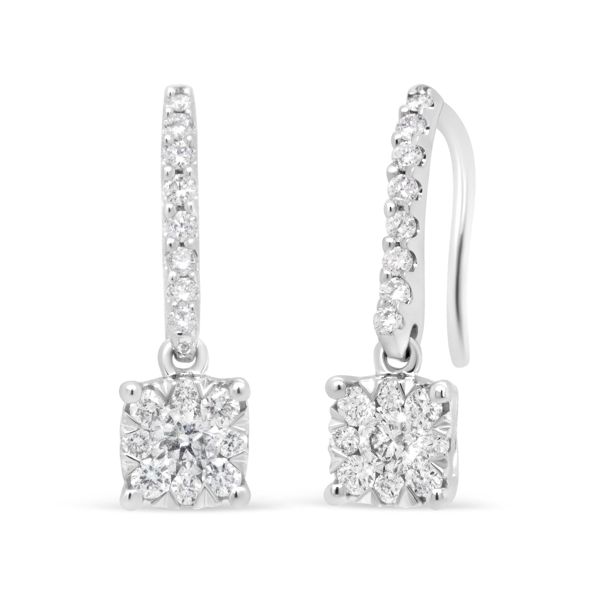 14K White 1/2 Cttw Round Diamond Halo Dangle Hook Earring - (H-I Color SI2-I1