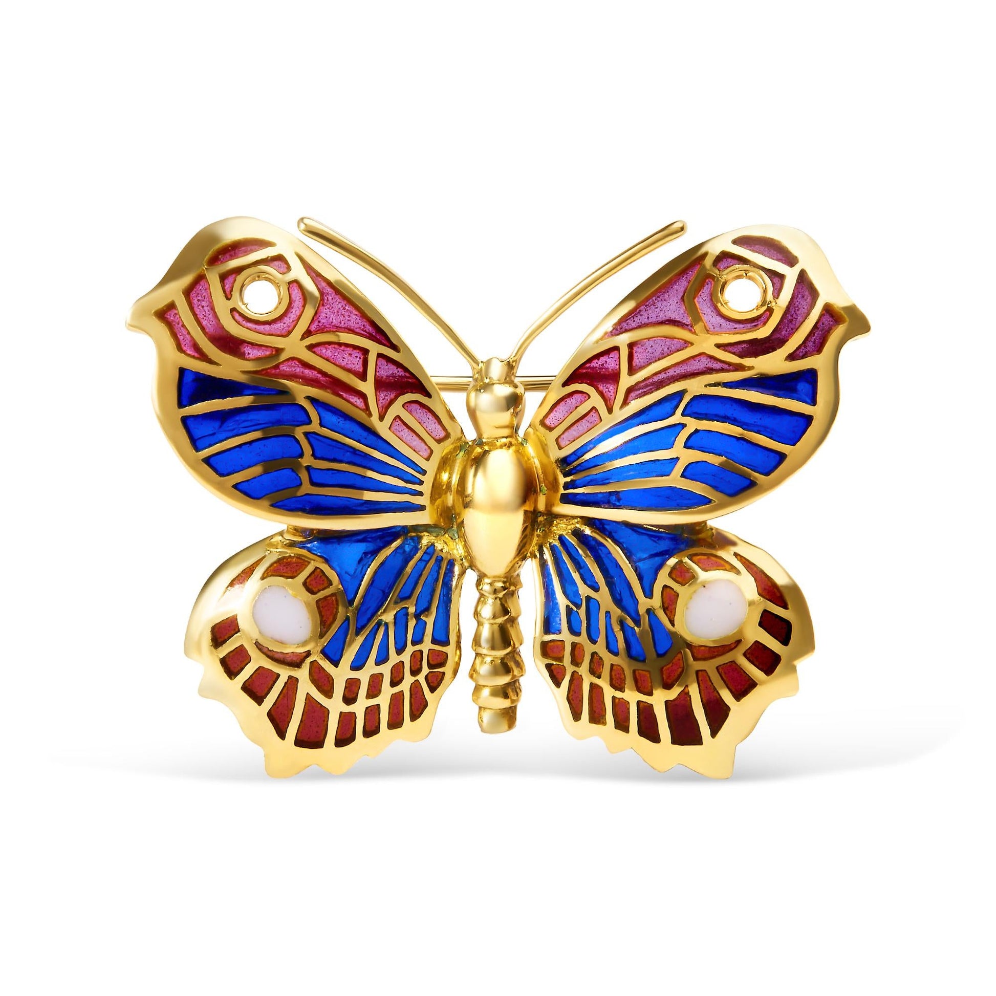 18K Yellow Gold Red Blue and White Enameled Butterfly Brooch Pin - Brooches