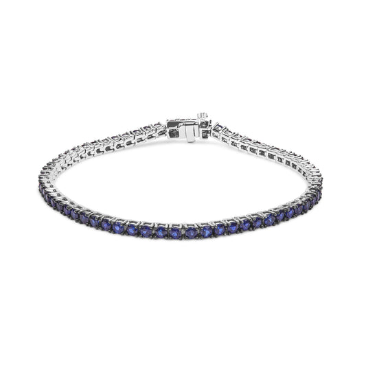 .925 Sterling Silver 5 3/4 Cttw Round Created Blue Sapphire Tennis Bracelet