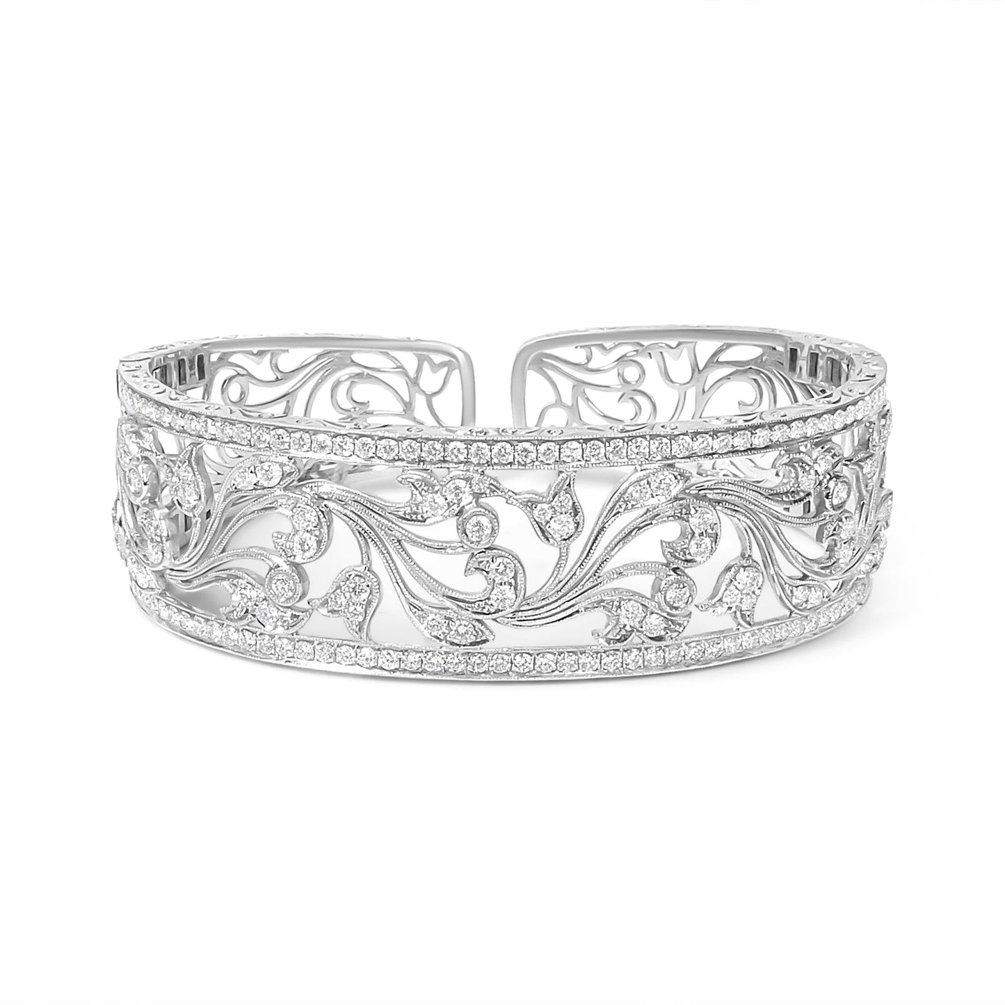 18K White Gold 3 1/4 Cttw Pave Diamond Openwork Floral Filigree Swirl Bangle