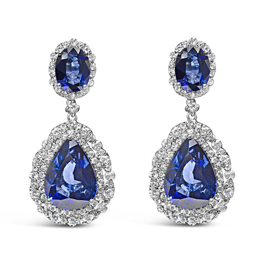 18K White Gold Blue Sapphire 2 3/4 Cttw Diamond Halo Drop Dangle Earring (G-H