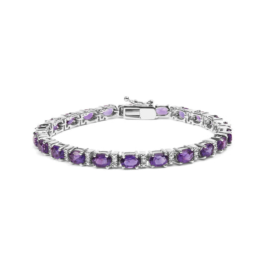 .925 Sterling Silver 9 1/2 Cttw Alternating Oval Amethyst and White Diamond