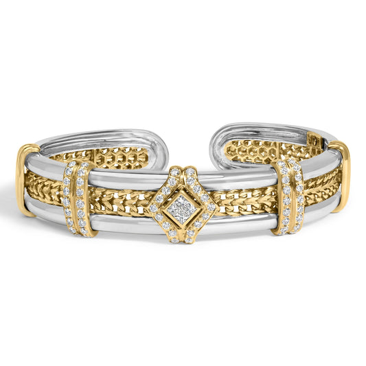 18K Two-Tone Gold 1 1/2 Cttw Diamond Open Cuff Bangle Bracelet Braided Detail