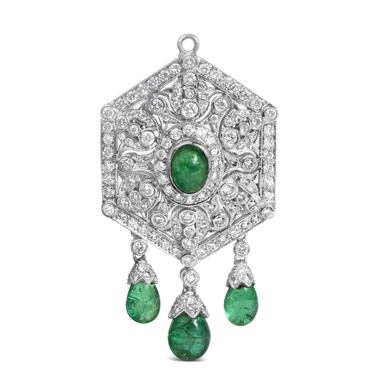 18K 2 3/4 Cttw Diamond and Emerald Dangle Art Deco Shield Brooch Pin Pendant