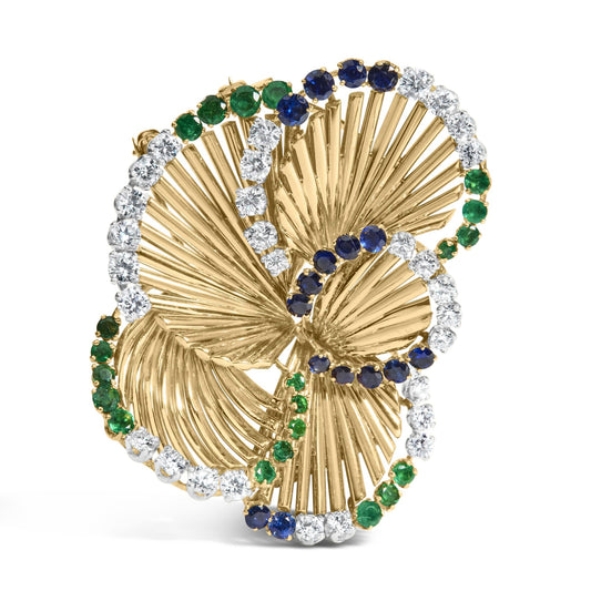 18K Yellow Gold 2 1/3 Cttw Diamond Sapphire and Emerald Sculpted Petal Brooch