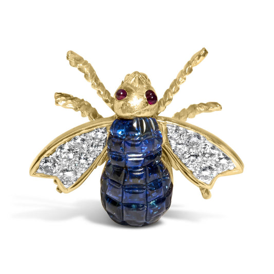 18K Yellow Gold 3/8 Cttw Diamond and 5 4/5 Cttw Blue Sapphire Bumblebee Brooch