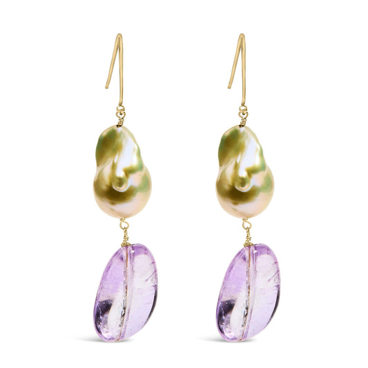 14K Yellow Gold Amethyst and Baroque Pearl Drop and Dangle Earrings 2’’