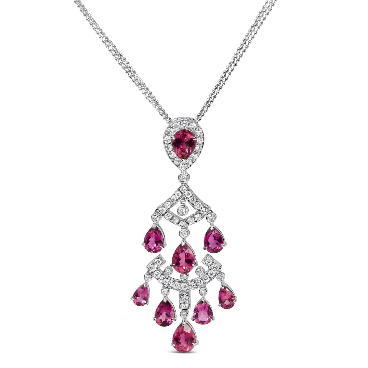 18K White Gold 1 1/10 Cttw Diamond and Pink Tourmaline Double-Strand Art Deco Inspired Chandelier 18" Pendant Necklace (F-G Color, VVS2-VS1 Clarity)