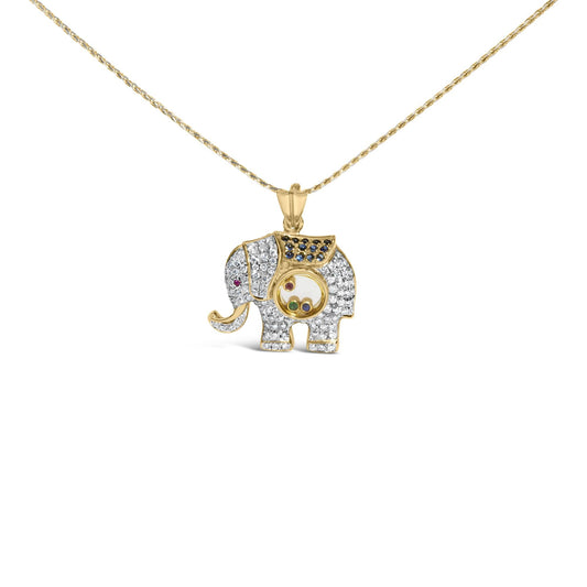 18K Yellow Gold 3/4 Cttw Diamond Elephant Shaker Pendant Necklace with Emerald