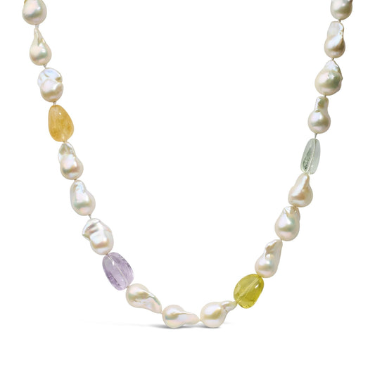 14K Yellow Citrine Amethyst and Baroque Pearl Strand Necklace - 18’’ Inches