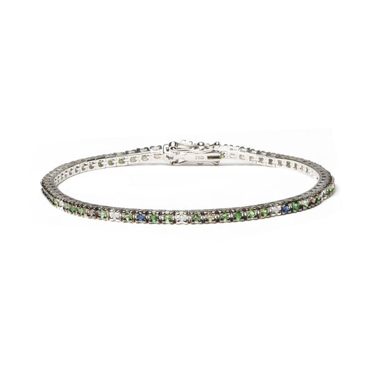 18K White Gold 3/8 Cttw Diamond with Blue Sapphire and Green Tsavorite Gemstone Multi-Colored Tennis Bracelet (Brown and G-H Color, SI1-SI2 Clarity) - Size 7"