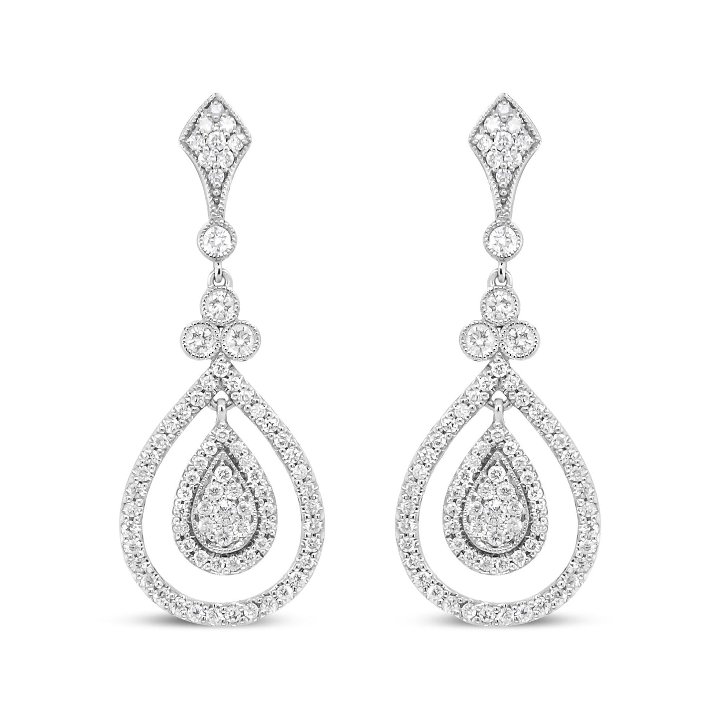 18K White Gold 1 1/4 Cttw Round Diamond Openwork Teardrop-Shaped Dangle