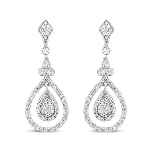 18K White Gold 1 1/4 Cttw Round Diamond Openwork Teardrop-Shaped Dangle