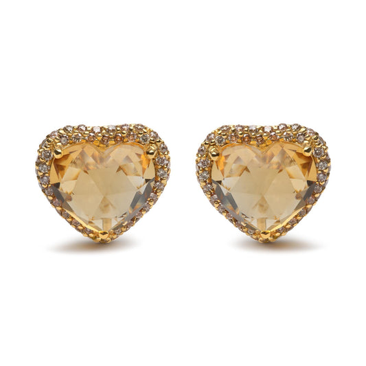 18K Yellow Gold 2/3 Cttw Brown Diamonds and 11x11mm Heart-Cut Yellow Citrine