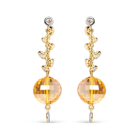 18K Yellow Gold 2/3 Cttw Round Bezel Diamond and 25mm Ball Shaped Yellow Citrine Gemstone Dangle Stud Earring (Brown and G-H Color, SI1-SI2 Clarity)