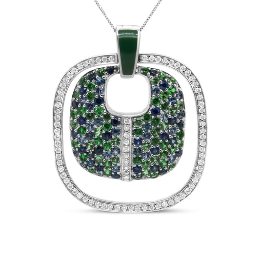 .925 Sterling Silver Green Enamel Pendant with 1/2 Cttw Diamond Sapphire