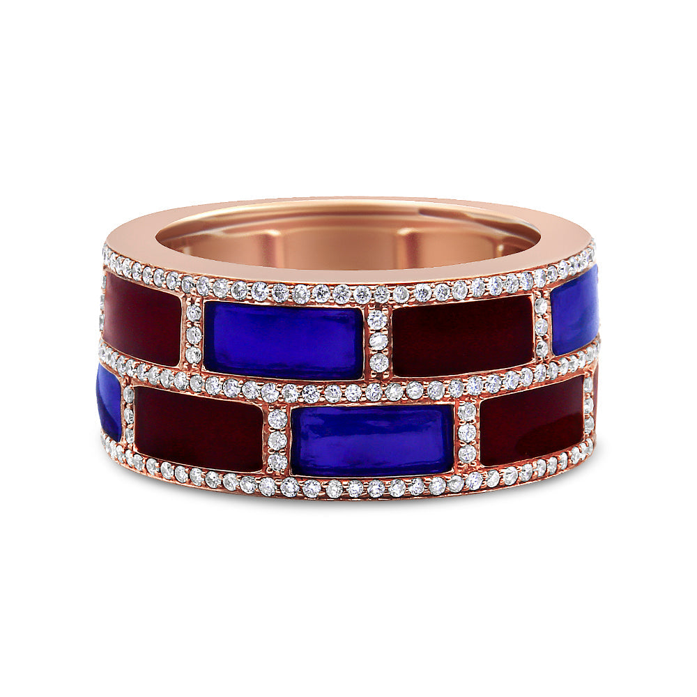 18K Rose Gold Alternating Red and Blue Enamel and 1/2 Cttw Diamond Studded Band