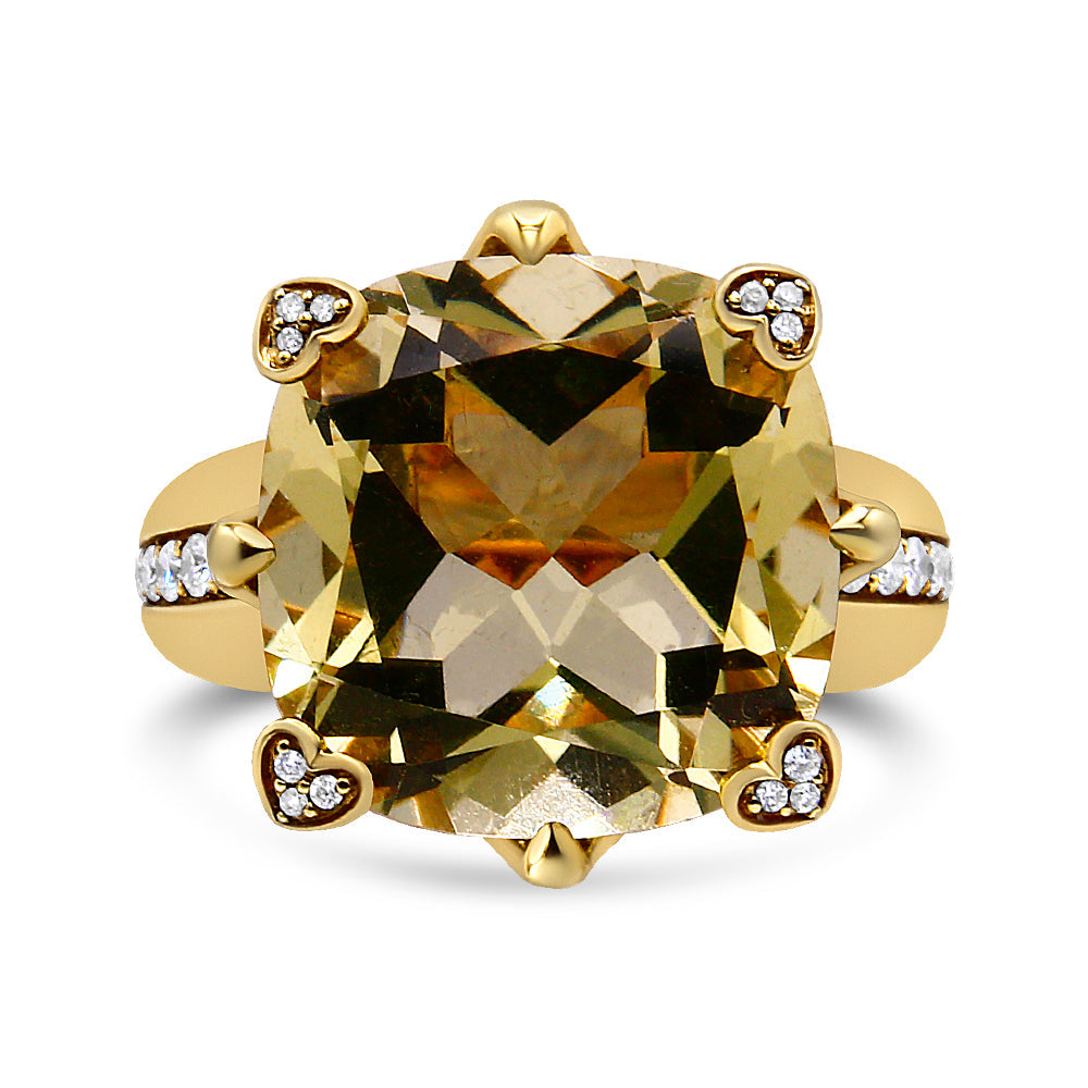 18K Yellow Gold 15x15mm Cushion Cut Lemon Quartz and 1/4 Cttw Diamond Accented