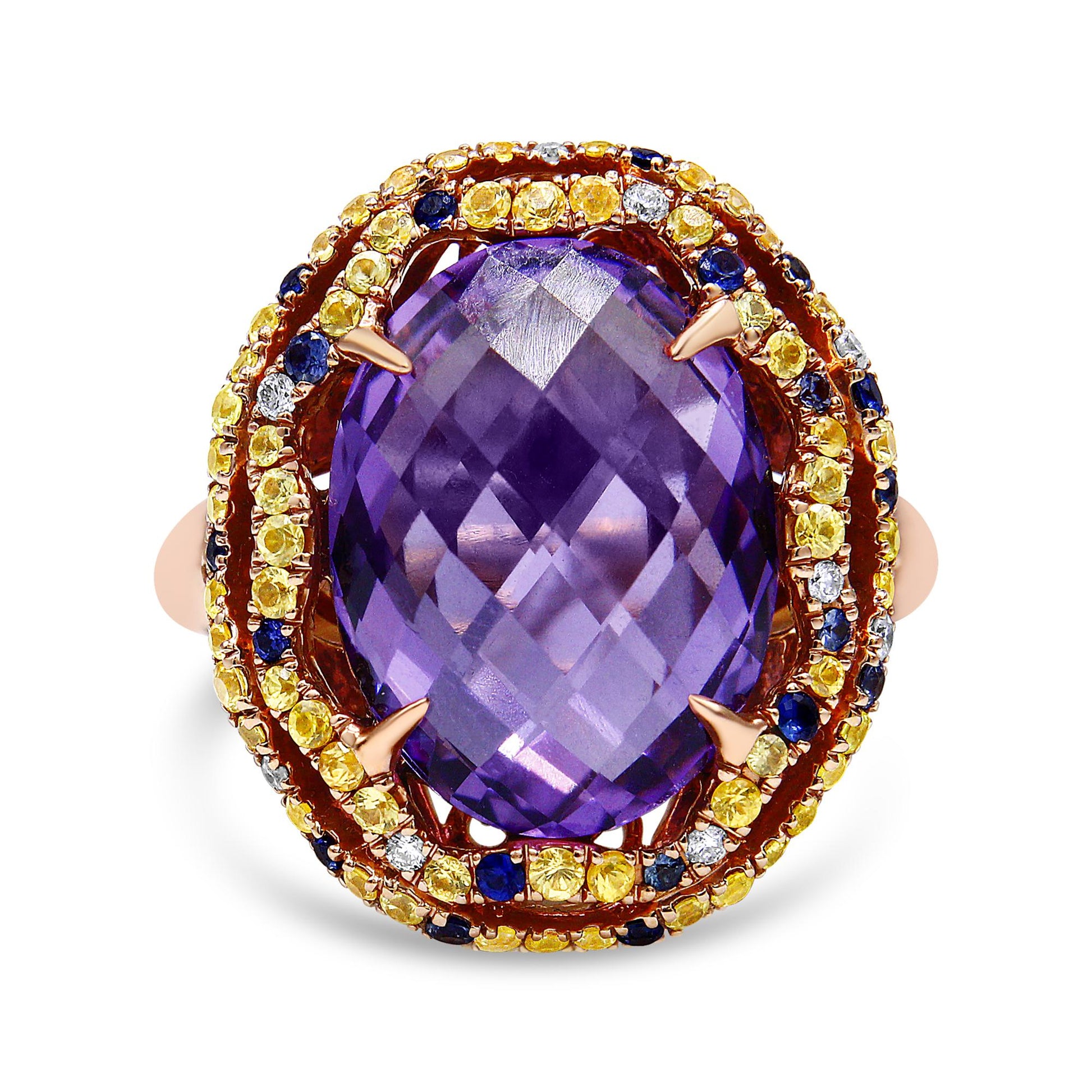 18K Yellow and Rose Gold Claw Prong Set Checkerboard Cut Purple Amethyst Blue &