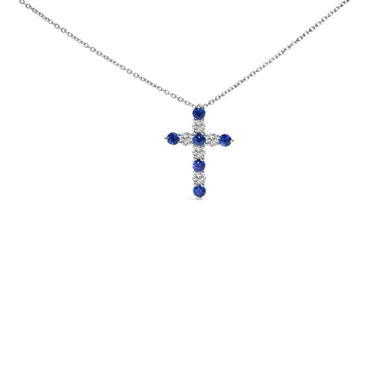 18K White Gold 1.0 Cttw Diamond and 3.5 MM Round Blue Sapphire 11 Stone Cross