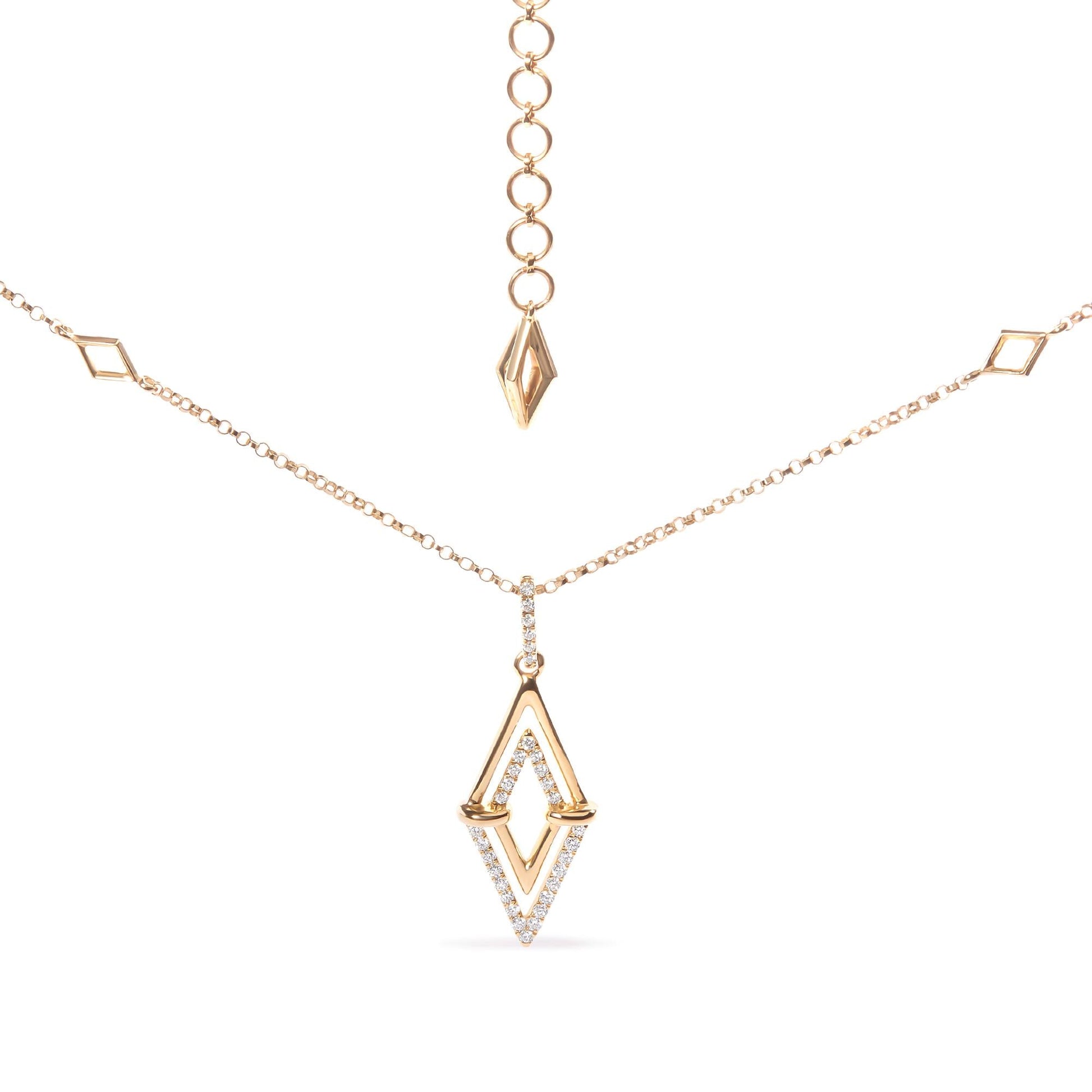 14K Yellow Gold 1/4 Cttw Diamond Double Triangle Geometric 18’’ Pendant