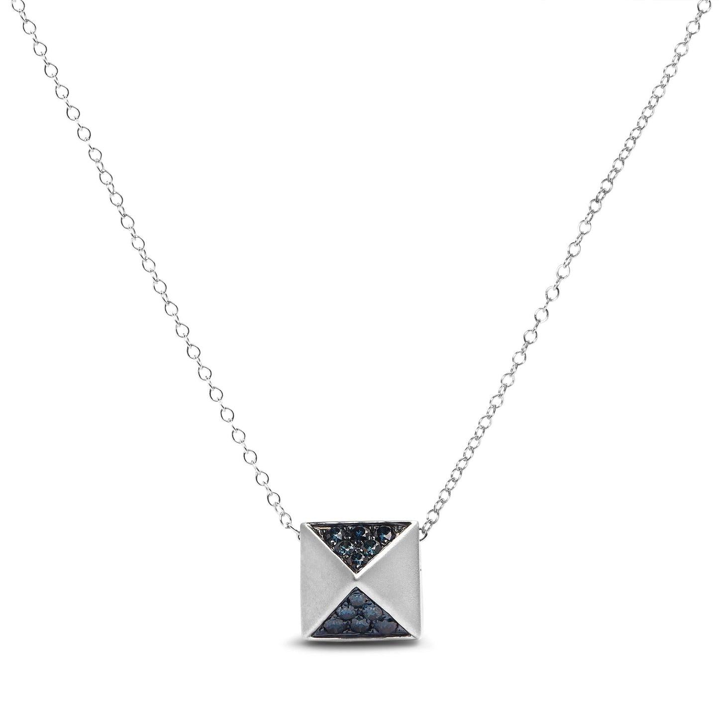 14K White Gold 1/4 Cttw Treated Blue Diamond Matte Finished Pyramid Pendant