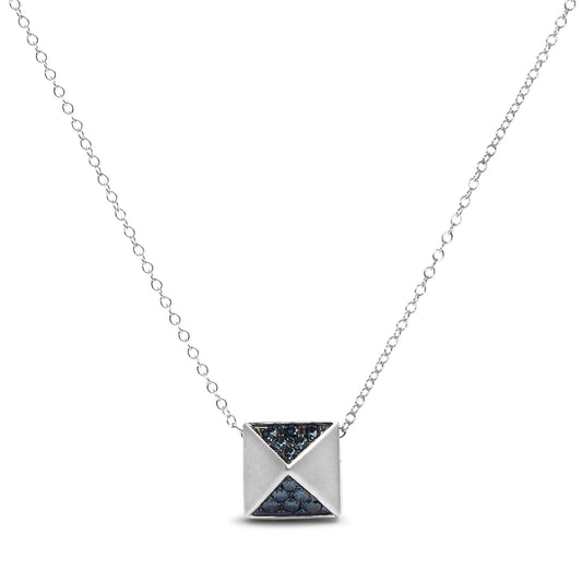 14K White Gold 1/4 Cttw Treated Blue Diamond Matte Finished Pyramid Pendant