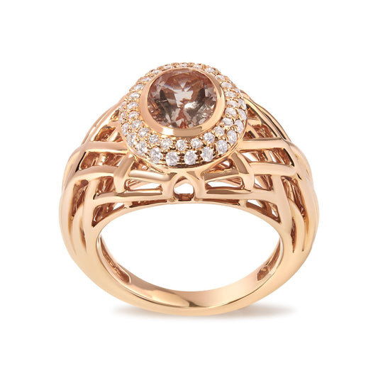 14K Rose Gold Oval Cut Light Pink Morganite and 3/8 Cttw Diamonds Halo and Basket Weave Cocktail Ring (G-H Color, SI1-SI2 Clarity) - Size 7