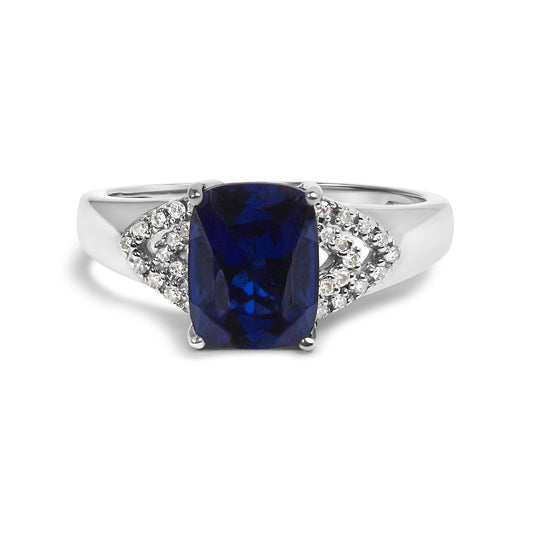 .925 Sterling Silver 9X7 mm Cushion Cut Blue Sapphire and White Diamond Step up